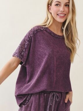 "The Ube" TOP Plum Mineral wash Top with Crochet Lace Detail